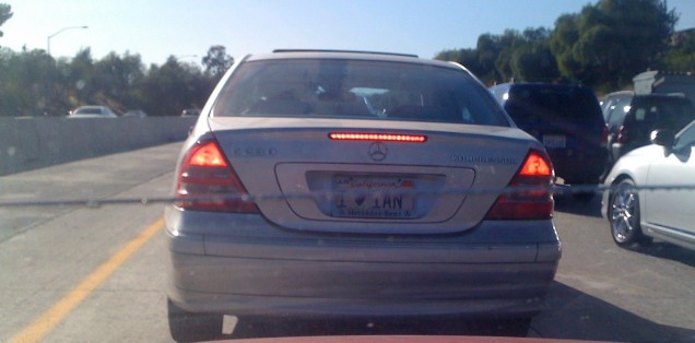Car with License plate that says I Heart Ian
